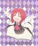  :d ^_^ alternate_hair_length alternate_hairstyle arms_up ascot bat_wings book checkered checkered_background chibi closed_eyes hands_up happy head_wings koakuma long_sleeves low_wings open_mouth red_hair satou_kibi short_hair smile solo through_screen touhou translated wings younger 