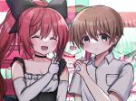  1boy 1girl :d ^_^ bare_shoulders black_bow black_choker blush bow brown_hair choker closed_eyes closed_mouth collarbone collared_shirt commentary_request dress_shirt elbow_gloves eyes_visible_through_hair facing_viewer frown furrowed_brow gloves grey_eyes hair_between_eyes hair_bow hand_up heart_hands_failure highres huge_bow long_hair looking_at_viewer magical_girl mahigu_re mamiya_takuji ponytail red_hair riruru_(subarashiki_hibi) school_uniform shirt short_hair short_sleeves side-by-side sidelocks simple_background smile subarashiki_hibi thumbs_up upper_body very_long_hair white_background white_gloves white_shirt zoom_layer 