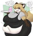 2025 ahoge anthro belly belly_overhang belly_peeking_out big_belly big_breasts big_navel biped black_bottomwear black_clothing black_pants blonde_hair blush bottomwear bow_tie breasts breath brown_body brown_fur burping button_(fastener) button_pop cake canid canine clothed clothing collared_shirt deep_navel dessert dialogue digital_media_(artwork) dress_shirt english_text exposed_belly feederism female food fox fujiko_(inazuma_kat) fur gloves_(marking) green_background hair happy hi_res holding_object holding_plate huge_breasts inazuma_kat looking_at_viewer mammal markings navel nipple_outline obese obese_anthro obese_female offscreen_character one_eye_closed one_fang open_mouth open_smile overweight overweight_anthro overweight_female pants plate portrait shirt simple_background smile solo speech_bubble standing talking_to_viewer text thick_thighs three-quarter_portrait tight_clothing tight_shirt tight_topwear topwear waiter wardrobe_malfunction weight_gain wide_hips yellow_body yellow_fur
