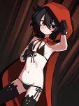  1girl absurdres adjusting_hood animal_print armpits black_gloves black_hair black_thighhighs black_trim blush bra cameltoe cape cat_print commentary_request commission cowboy_shot fluffy_hair front-fastening_bra front-tie_bra furrowed_brow gloves hair_between_eyes hand_up highres lace lace-trimmed_gloves lace_bra lace_panties lace_trim long_hair long_hair_between_eyes looking_at_viewer medium_hair mondlicht_(reverse:1999) panties red_background red_cape red_eyes red_hood red_ribbon reverse:1999 ribbon short_eyebrows side-tie_panties skeb_commission skinny solo thighhighs tomi8tky underwear 