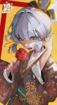  1girl 2025 absurdres bad_anatomy bad_hands blue_eyes bow candy_apple collarbone commentary english_commentary floral_print food genshin_impact hair_bow hair_ribbon highres holding holding_food japanese_clothes kamisato_ayaka kimono medium_hair new_year open_mouth ribbon solo user_wxta7482 white_hair 
