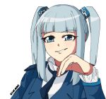  1girl bad_source blue_coat blue_eyes blue_necktie blunt_bangs coat collared_shirt cube_hair_ornament frilled_shirt_collar frilled_sleeves frills grin hair_ornament hand_on_own_cheek hand_on_own_face long_hair long_sleeves looking_at_viewer necktie personification rikani rkn-chan roskomnadzor shirt shoulder_boards simple_background smile solo twintails white_shirt 