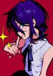  1girl black_choker black_hair black_outline black_ribbon blue_eyes blush breasts chainsaw_man choker collared_shirt grenade_pin hair_between_eyes highres holding ka_howareyou looking_at_viewer multicolored_hair neck_ribbon outline parted_lips purple_hair red_background reze_(chainsaw_man) ribbon shirt simple_background sleeveless sleeveless_shirt solo sparkle white_shirt 