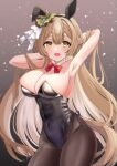 1girl :d airi_(akamichiaika) alternate_breast_size_(larger) animal_ears armpits arms_behind_head arms_up ascot bare_shoulders black_leotard blush bow bowtie braid breasts brown_ascot brown_background brown_eyes brown_hair brown_pantyhose cleavage commentary covered_navel cowboy_shot detached_collar double-parted_bangs ear_covers ear_ornament ear_ribbon full_cleavage gradient_background hair_between_eyes half_up_braid heart heart_in_eye horse_ears horse_girl horse_tail large_breasts leotard long_hair looking_at_viewer multicolored_hair open_mouth pantyhose patterned_hair playboy_bunny red_bow red_bowtie satono_diamond_(umamusume) side-tie_leotard smile solo standing strapless strapless_leotard streaked_hair symbol_in_eye tail umamusume very_long_hair 