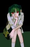  1girl bag black_background byakugun collared_shirt crossbody_bag green_hair hand_on_own_chin head_rest highres leaning_forward lips lipstick looking_ahead makeup orange_lips original red_eyes shirt sitting skirt solo two_side_up 