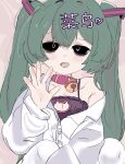  1girl alternate_costume bell black_bra black_sclera blush bra bright_pupils buttons cat_cutout cleavage_cutout clothing_cutout colored_sclera fang green_hair hatsune_miku highres long_hair looking_at_viewer mimukauwa_nice_try_(vocaloid) neck_bell open_mouth pink_background shirt siuseek sleeves_past_wrists solo strap translation_request twintails underwear very_long_hair vocaloid waving white_pupils white_shirt 