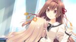  2girls accidental_pervert anger_vein between_breasts black_bow black_bowtie blonde_hair bow bowtie breasts brown_eyes brown_hair day double_bowtie face_between_breasts facing_away floating_hair frilled_sleeves frills game_asset grey_bow grey_bowtie hair_ribbon hand_up head_between_breasts highres indoors juliet_sleeves justine_amelie_lagrange long_hair long_sleeves looking_at_another multiple_girls non-web_source official_art parted_lips plaid_bow plaid_bowtie plaid_clothes puffy_sleeves ribbon sailor_collar school_uniform self-datamine shirahane_nao shirt skirt standing sweatdrop tsuki_ni_yorisou_otome_no_sahou_2 umemiya_iseya white_sailor_collar white_shirt wide-eyed 