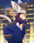 2026 absurd_res anthro bangs big_butt big_ears blue_clothing blue_topwear breasts butt cinnamonwizard city city_background clothed clothed_anthro clothed_female clothing digital_drawing_(artwork) digital_media_(artwork) eyelashes female female_anthro freckled_face freckled_shoulders freckles fur hair hi_res horny_police leaning leaning_forward long_eyelashes looking_back mammal murid murine officer_flint_(foresttherotten) police police_hat police_officer police_uniform portrait presenting presenting_hindquarters rat red_eyes rodent sharp_teeth solo tail teeth thick_thighs three-quarter_portrait topwear uniform white_body white_fur white_hair
