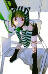  1girl animal_ear_hood bare_shoulders bent_over boots byakugun corded_phone expressionless green_hair green_theme hand_on_own_knee highres holding holding_phone hood hood_up knee_boots lace-up_boots original payphone phone phone_booth red_eyes sketch skirt solo striped_clothes y2k_fashion 