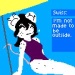 anthro black_hair bodily_fluids clothing colored dialogue digital_media_(artwork) ear_piercing female freckled_face freckled_legs freckled_shoulders freckled_thighs freckles hair hi_res just_another_nerd31 mammal mouse murid murine one-piece_swimsuit outside piercing pixel_(artwork) red_eyes rodent solo sweat sweatdrop sweaty_armpit swimwear text_box