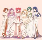  6+girls :d :o ;d akimoto_komachi arm_at_side arms_at_sides bangs_pinned_back bare_shoulders belt blonde_hair blue_eyes blue_hair blue_shoes blush bow brown_background brown_shoes closed_mouth cocktail_dress collarbone commentary_request confetti dress earrings finger_to_mouth flower frilled_dress frills front_slit full_body gloves green_eyes green_hair grin hair_ribbon hairband hand_on_own_hip hand_up hatopippi45 high-low_dress high_heels highres jewelry kasugano_urara_(precure) long_dress long_hair long_skirt looking_at_viewer medium_hair mimino_kurumi minazuki_karen multiple_girls natsuki_rin off-shoulder_dress off_shoulder one_eye_closed open_mouth orange_belt orange_eyes own_hands_together pants parted_bangs parted_lips pearl_choker petticoat pink_shoes precure purple_eyes purple_hair red_bow red_eyes red_hair red_shoes ribbon shadow shirt shoes short_bangs short_dress short_hair simple_background skirt sleeveless sleeveless_dress smile standing standing_on_one_leg straight_hair strapless strapless_dress twintails two_side_up waist_bow waving wavy_hair white_dress white_flower white_gloves white_hairband white_pants white_ribbon white_shirt white_skirt yellow_shoes yes!_precure_5 yes!_precure_5_gogo! yumehara_nozomi 