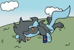 2026 agatescep anthro beverage beverage_can black_body black_fur black_hair blep blue_body blue_fur cloud digital_drawing_(artwork) digital_media_(artwork) english_description facial_markings fan_character fur generation_4_pokemon grass hair hair_over_eye head_markings leg_markings low_res lying lying_on_ground male markings mask_(marking) nintendo on_front on_ground pepsi pink_tongue plant pokemon pokemon_(species) riolu riolu_(somesacredbird) sky socks_(marking) soda solo tail tongue tongue_out yellow_eyes
