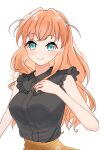  1girl absurdres alternate_hair_length_(longer) alternate_hairstyle black_shirt breasts closed_mouth commentary_request corocoro567 frilled_shirt frills hair_ornament highres hinoshita_kaho hinoshita_kaho_(ishikawa_prefectural_library) long_hair looking_at_viewer love_live! love_live!_hasu_no_sora_jogakuin_school_idol_club medium_breasts no_eyewear orange_hair rabbit_hair_ornament shirt simple_background skirt sleeveless sleeveless_shirt smile solo two_side_up upper_body virtual_youtuber white_background yellow_skirt 
