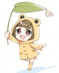  1girl :d animal_hood blunt_bangs blush_stickers boots brown_hair commentary_request frog_hood full_body highres holding holding_leaf hood hood_up kachimachi_kosuzu kanduki_kamibukuro leaf leaf_umbrella leg_up looking_at_viewer love_live! love_live!_hasu_no_sora_jogakuin_school_idol_club open_mouth pink_eyes rain raincoat rubber_boots simple_background smile solo v-shaped_eyebrows virtual_youtuber white_background yellow_boots yellow_raincoat 