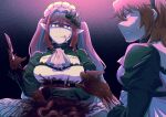  2girls absurdres baobhan_sith_(fate) black_dress blood blood_on_face blood_on_hand breasts chaldea_logo commentary disembowelment dress english_commentary fate/grand_order fate_(series) flower fujimaru_ritsuka_(female) guro hair_flower hair_intakes hair_ornament highres holding holding_knife intestines juliet_sleeves knife long_sleeves maid maid_headdress medium_breasts multiple_girls one_side_up orange_hair pdf_available puffy_sleeves purple_hair self-harm sleeves_past_wrists tongue tongue_out twintails vincent-san 