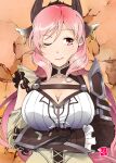  1girl a_pig28 absurdres against_wall animal_ears arm_guards armor arms_under_breasts artist_logo artist_name breasts brown_eyes cleavage cleavage_cutout closed_mouth clothing_cutout commentary_request corset cow_ears cow_girl cow_horns crossed_arms detached_sleeves earrings extra_ears hair_between_eyes highres hoop_earrings horns jewelry large_breasts logo long_hair looking_at_viewer mole mole_under_eye one_eye_closed parted_bangs pink_hair pink_lips raging_bull_(ys) shoulder_armor smile solo straight-on upper_body white_corset ys ys_ix:_monstrum_nox 