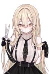  1girl absurdres asymmetrical_gloves bare_shoulders black_gloves black_necktie black_skirt blonde_hair blush closed_mouth commentary elbow_gloves eyelashes gloves hair_intakes hand_in_own_hair hands_in_own_hair highres holding holding_own_hair holding_scissors long_hair miclipse necktie original scissors shirt simple_background single_elbow_glove skirt solo sun_(miclipse) suspenders very_long_hair white_background white_shirt yellow_eyes 