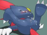 2018 3_fingers 3_toes 4:3 after_oral after_sex anthro anus apc_(artist) biped black_body black_fur blush bodily_fluids cel_shading claws cum cum_on_face digital_drawing_(artwork) digital_media_(artwork) fangs feather_hair feathered_tail feathers feet female female_anthro fingers forehead_gem fur gem generation_4_pokemon genital_fluids genitals grey_background hair half-closed_eyes legs_up looking_at_own_vulva lying monotone_hair multicolored_body multicolored_fur narrowed_eyes nintendo on_back plantigrade pokemon pokemon_(species) pseudo_hair rear_view red_body red_eyes red_fur shaded simple_background slim slim_anthro slim_female solo tail teeth toes two_tone_body two_tone_fur vulva weavile
