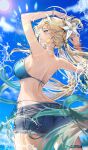  1girl absurdres aqua_bikini ass bikini blonde_hair blue_sky breasts commentary day denim denim_shorts from_behind fruit_earrings highres large_breasts long_hair lynae_(peppermint)_(wuthering_waves) lynae_(wuthering_waves) median_furrow official_alternate_costume outdoors parted_lips shorts sky soare_lucien solo swimsuit wuthering_waves 