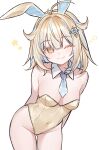  1girl ;) absurdres animal_ear_hairband animal_ears antenna_hair bare_shoulders blonde_hair blue_hair blue_necktie blush breasts bright_pupils character_request check_character closed_mouth commentary covered_navel detached_collar english_commentary eyelashes fake_animal_ears fang hair_between_eyes hair_intakes hair_ornament hairband heart heart_hair_ornament highres leotard miclipse multicolored_hair necktie one_eye_closed original playboy_bunny rabbit_ear_hairband rabbit_ears simple_background skin_fang smile solo star_(symbol) strapless strapless_leotard sun_(miclipse) two-tone_hair white_background white_pupils yellow_eyes yellow_leotard 
