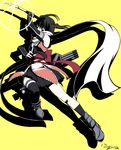  asymmetrical_legwear black_eyes black_gloves black_hair black_legwear elbow_gloves fingerless_gloves flat_chest gloves h-new hair_ornament kantai_collection ninja remodel_(kantai_collection) scarf sendai_(kantai_collection) short_hair skirt solo tantou thighhighs twintails two_side_up yellow_background 