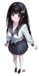  1girl black_hair blush chitanda_eru commentary_request full_body hyouka long_hair looking_at_viewer mery_(yangmalgage) neckerchief pleated_skirt purple_eyes school_uniform signature simple_background skirt solo standing white_background 