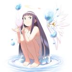  bare_shoulders barefoot blue_eyes cupping_hands detached_wings dress feet heart highres hime_cut legs long_hair noraico original purple_hair ripples smile solo squatting toes water water_drop white_background wings 