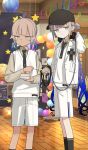  2boys astg baseball_cap black_hat black_socks blue_hair brown_hair captain_nemo_(academy_outfit)_(fate) captain_nemo_(fate) collared_shirt commentary_request fate/grand_order fate_(series) food game_asset gradient_hair green_eyes grey_shirt hat headphones jacket kneehighs long_hair long_sleeves looking_at_viewer low_twintails male_focus marine_nemo_(academy_outfit)_(fate) marine_nemo_(fate) multicolored_hair multiple_boys necktie nemo_(fate) official_art partial_commentary plate pudding shirt short_hair short_twintails shorts sidelocks smile socks third-party_source twintails two-tone_hair vest white_jacket white_shorts white_vest 