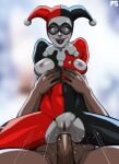  1boy 1girl absurdres anal ass_visible_through_thighs batman_(series) blue_eyes bodysuit breasts commentary covered_navel dc_comics english_commentary harley_quinn harley_quinn_(classic) hat hetero highres jester jester_cap looking_at_viewer mask medium_breasts nipples open_mouth penis ponpu_(pumpkinsinclair) pov pov_crotch pussy red_lips sex smile teeth thighs tongue torn_clothes upper_teeth_only 