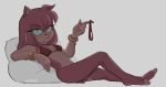 amy_rose anthro bra bracelet clothing eulipotyphlan feet female fur green_eyes grey_background hair hedgehog hi_res holding_clothing holding_object holding_panties holding_underwear jewelry kcrumbits long_hair mammal narrowed_eyes panties pillow pink_body pink_fur sega simple_background smile smirk solo sonic_the_hedgehog_(series) tail underwear