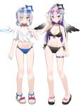 2girls amane_kanata amane_konata bikini black_bikini black_wings blue_bikini blue_eyes blue_halo blush breasts commentary_request eyewear_on_head full_body grey_hair grey_shorts halo halterneck hand_up highres hololive long_hair long_sleeves looking_at_viewer medium_breasts multiple_girls ponytail purple_eyes sandals see-through_clothes see-through_shirt shirt short_hair short_shorts shorts simple_background small_breasts smile standing swimsuit thigh_strap tinted_eyewear v virtual_youtuber white_background white_shirt white_wings wings yoru_no_yayoi 