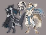 4_toes 5_fingers abs absurd_res anthro aquatic belt biped black_clothing blue_clothing blue_eyes blue_hair bottomwear bracelet brown_body canid canine canis chain claws clothing color_swatch crop_top digitigrade dorsal_fin duo ear_fins ear_piercing ear_ring fang_(rubixfpv) feet female fin fin_(rubixfpv) fingers fish grey_body hair hand_behind_head hi_res jewelry logo loincloth long_hair looking_at_viewer looking_away male mammal markings midriff muscular navel necklace pants pectoral_fin pendant piercing ring_piercing rubixfpv scarf shark shark_fin shark_tail shirt simple_background skirt smile solo standing tail tail_fin tan_body tattoo toes topwear white_body white_clothing wolf yin_yang