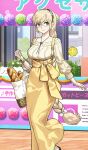  1girl bag baguette bare_shoulders blonde_hair blush bread breasts commentary_request demeter_(academy_outfit)_(fate) demeter_(fate) fate/grand_order fate_(series) food game_asset glasses hairband jewelry large_breasts long_hair long_skirt long_sleeves looking_at_viewer necklace off_shoulder official_art okojo partial_commentary skirt smile solo suspender_skirt suspenders sweater third-party_source very_long_hair white_sweater yellow_eyes yellow_skirt 