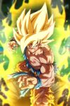  1boy aura blonde_hair blood blood_on_chest blood_on_face blue_eyes blue_shirt blue_wrist_cuffs bruise bruise_on_chest closed_mouth commentary_request dragon_ball dragon_ball_z fighting_stance injury looking_at_viewer male_focus muscular muscular_male orange_pants pants pectorals rom_(20) saiyan scratches serious shirt solo son_goku spiked_hair super_saiyan super_saiyan_1 torn_clothes torn_pants torn_shirt wrist_cuffs 