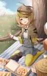  1girl animal_request bird blue_shorts brown_hair cake cake_slice commentary food fork green_eyes hat heaven_burns_red highres holding holding_fork irene_redmayne kr_woyue looking_at_viewer open_mouth picnic picnic_blanket pizza pizza_box short_hair shorts sitting thighhighs untranslatable_commentary wariza yellow_thighhighs 