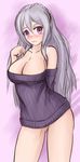  arm_behind_back atelier_(series) blush breasts cleavage contrapposto detached_sleeves drawfag large_breasts long_hair maid_headdress mole naked_sweater off-shoulder_sweater pamela_ibiss purple_hair ribbed_sweater silver_hair smile solo standing sweater 