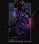 absurd_res anthro antlers armor artist_name big_butt big_iris big_pupils black_armor black_eyes black_nose blue_glow brown_body brown_hair butt colored_line_art cosmic_clothing cosmic_print december_holiday deer deltarune female glowing grey_face hair hi_res holding_melee_weapon holding_object holding_sword holding_weapon horn huge_butt looking_at_viewer looking_back looking_back_at_viewer makeup mammal mascara melee_weapon mikaerts new_world_deer outline pink_glow pupils purple_armor rear_view reindeer roaring_knight running_makeup running_mascara short_hair shoulder_pads solo starry_clothing sword text thick_thighs undertale_(series) weapon white_line_art white_outline wide_hips
