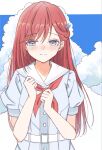  1girl blue_dress blue_eyes blue_sky blush clenched_hands closed_mouth cloud commentary_request day dress hair_ornament hands_up hasu_no_sora_school_uniform highres iroha_(nami3) kinjo_maika letterboxed light_smile long_hair love_live! love_live!_hasu_no_sora_jogakuin_school_idol_club neckerchief nose_blush outside_border puffy_short_sleeves puffy_sleeves red_hair red_neckerchief sailor_collar sailor_dress school_uniform short_sleeves sky solo split_mouth straight_hair summer_uniform white_sailor_collar 