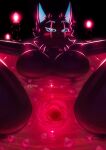 anthro big_breasts black_body black_fur black_nose black_sclera blinchosg blue_eyes blush blush_lines breasts canid canine canis cheek_tuft epic_games eyelashes facial_tuft fangs female flower fortnite front_view fur heart_symbol hi_res looking_at_viewer mammal pack_leader_highwire partially_submerged petals plant rose_(flower) rose_petals solo spread_legs spreading teeth tuft wolf