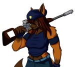 abs alpha_channel anthro brown_body brown_fur canid canine clothed clothing female fingerless_gloves fox fur gloves green_eyes gun hair half-length_portrait handwear hat headgear headwear hi_res holding_object holding_weapon long_hair mammal muscular muscular_female orange_body orange_fur portrait ranged_weapon rifle sammie_(sillyvladek) sillyvladek simple_background solo transparent_background weapon