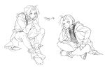  1boy absurdres ahoge boots braid braided_ponytail commentary curtained_hair edward_elric fullmetal_alchemist gloves greyscale hands_on_own_chin highres hood hood_down hooded_coat indian_style long_hair male_focus monochrome multiple_views pants simple_background sitting white_background xue_ezi 