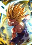  1boy arm_behind_back aura bleeding blonde_hair blood blood_on_face blood_on_shoulder blue_eyes brown_shoes commentary_request cuts dougi dragon_ball dragon_ball_z energy injury kamehameha_(dragon_ball) looking_at_viewer male_focus open_mouth pants purple_pants purple_shirt rom_(20) shirt shoes solo son_gohan spiked_hair super_saiyan super_saiyan_2 teeth torn_clothes 