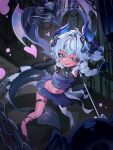  1girl :q ahoge axe bare_shoulders bat_wings black_gloves blue_eyes blue_gem blush braid breasts chain cookie_run cookie_run:_ovenbreak crop_top demon_girl demon_horns elbow_gloves fang from_above full-face_blush full_body gem genderswap genderswap_(otf) gloves gradient_hair gutan_(gugangtan) hair_between_eyes hair_ornament heart high_heels highres holding holding_axe holding_weapon horns jewelry licking_lips looking_at_viewer lychee_dragon_cookie lychee_dragon_cookie_(enchanting_abyssal_gem) midriff multicolored_hair naughty_face navel official_alternate_costume open_mouth petite scythe single_thighhigh skin_fang skirt small_breasts solo standing tail thigh_strap thighhighs tongue tongue_out twin_braids weapon white_hair wings 