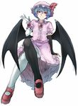  asymmetrical_gloves asymmetrical_legwear bat_wings black_gloves black_legwear blue_hair brooch crossed_legs dress elbow_gloves gloves hat hat_ribbon highres jewelry mary_janes mob_cap nicutoka pink_dress puffy_short_sleeves puffy_sleeves red_eyes remilia_scarlet ribbon shoes short_sleeves solo touhou white_gloves white_legwear wings wrist_cuffs 