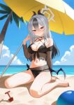  1girl absurdres bare_legs barefoot beach beach_umbrella bikini birdking_(king33) black_bikini black_hair black_nails blue_archive blush breasts bright_pupils cleavage collarbone commentary_request demon_horns demon_wings fingernails grey_hair hair_between_eyes halo highres horizon horns kayoko_(blue_archive) looking_at_viewer medium_breasts multicolored_hair nail_polish navel official_alternate_costume outdoors palm_tree partial_commentary red_eyes see-through_clothes single_wing sitting solo stomach swimsuit toenail_polish toenails tree two-tone_hair umbrella wariza white_pupils wings 