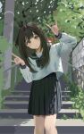  1girl black_bow black_hair black_sailor_collar black_skirt blush bow brown_eyes bunny_lover closed_mouth commentary_request day double_fox_shadow_puppet feet_out_of_frame fox_shadow_puppet hands_up highres long_hair long_sleeves looking_at_viewer original outdoors pleated_skirt sailor_collar school_uniform serafuku shirt skirt smile solo stairs standing straight_hair tree white_shirt 