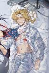  2boys absurdres bandages bed black_hair blonde_hair blood chinese_commentary commentary_request edward_elric envy_(fma) fullmetal_alchemist gloves highres hospital_bed long_hair male_focus multiple_boys navel on_bed pants parted_lips shirt striped_clothes striped_pants striped_shirt teeth white_gloves xue_ezi 