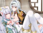  2girls areola_slip black_gloves blush breasts cleavage closed_mouth commentary_request commission crossover dress elbow_gloves fingerless_gloves genshin_impact gloves grey_hair hair_between_eyes hair_ornament highres indoors jacket large_breasts long_hair long_sleeves looking_at_another multiple_girls rukialice short_sleeves smile thighhighs very_long_hair white_dress white_thighhighs yellow_eyes yellow_jacket yixuan_(zenless_zone_zero) yuri zenless_zone_zero zibai_(genshin_impact) 