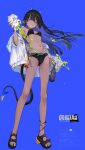  1girl :/ absurdres akefumi bikini black_bikini black_hair blue_background blue_hair breasts closed_mouth colored_inner_hair commentary_request demon_horns demon_tail full_body highres horns jacket long_hair multicolored_hair navel off_shoulder open_clothes open_jacket original pink_eyes pointy_ears sandals saturated_background simple_background small_breasts solo swimsuit tail tan translation_request very_long_hair white_jacket 