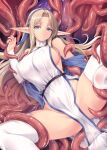  1girl amulet aqua_eyes bare_shoulders belt blonde_hair blue_gem blue_ribbon blue_shawl boots breasts commentary_request covered_nipples detached_sleeves elf elf_bishop_(kirishima_satoshi) frown gem hair_ribbon kirishima_satoshi large_breasts large_variant_set long_hair long_pointy_ears lying on_side original paid_reward_available parted_lips pointy_ears restrained ribbon shawl sideless_outfit sleeveless solo spread_legs tentacles tentacles_under_clothes upper_body variant_set very_long_hair 